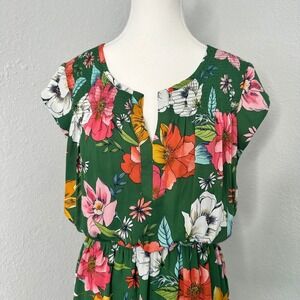 DR2 Cinched‎ waist green floral dress womens size medium